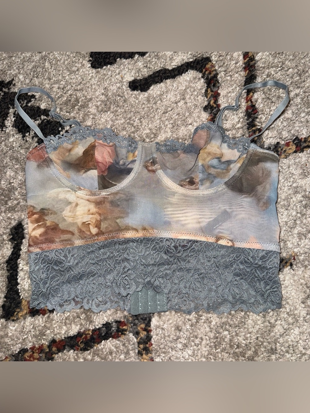 Sheer Floral Mesh Lace Bralette - Dusty Blue